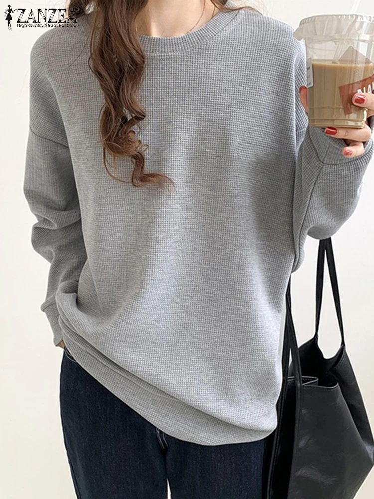 ZANZEA Casual Loose Round Neck Pullovers Women Basic Sweatshirts Fashion Waffled Patern Hoodies Holiday Street Long Sleeve Tops