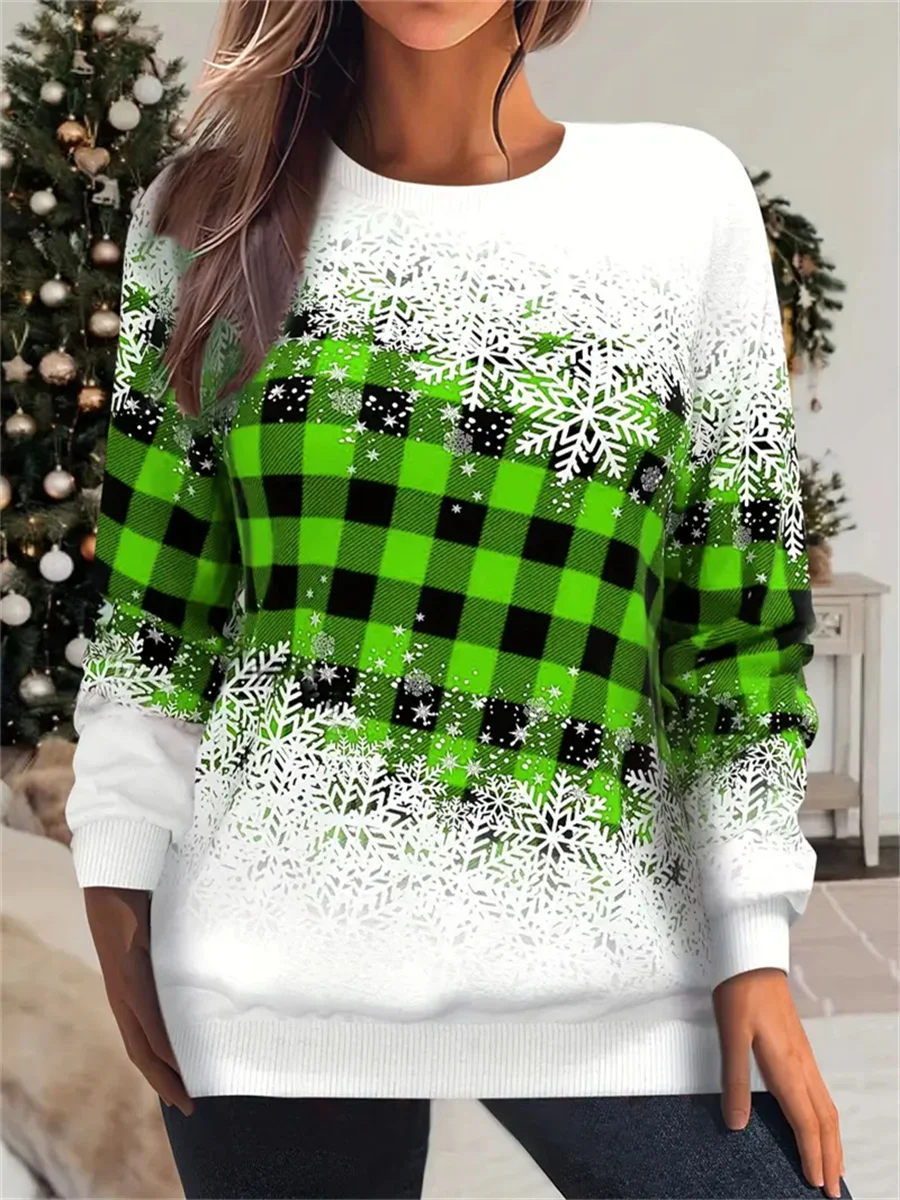 2023 Christmas snowflake and plaid women\'s autumn and winter printed long-sleeved round neck pullover large size sweatshirt