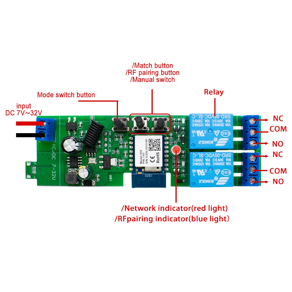 Zigbee-interruptor Tuya de 2 canales, dos relés, módulo de 12V, 24V, 220V, 230V, contacto en seco, NO NC COM, temporizador de avance lento, Rele para Motor de luz Alexa
