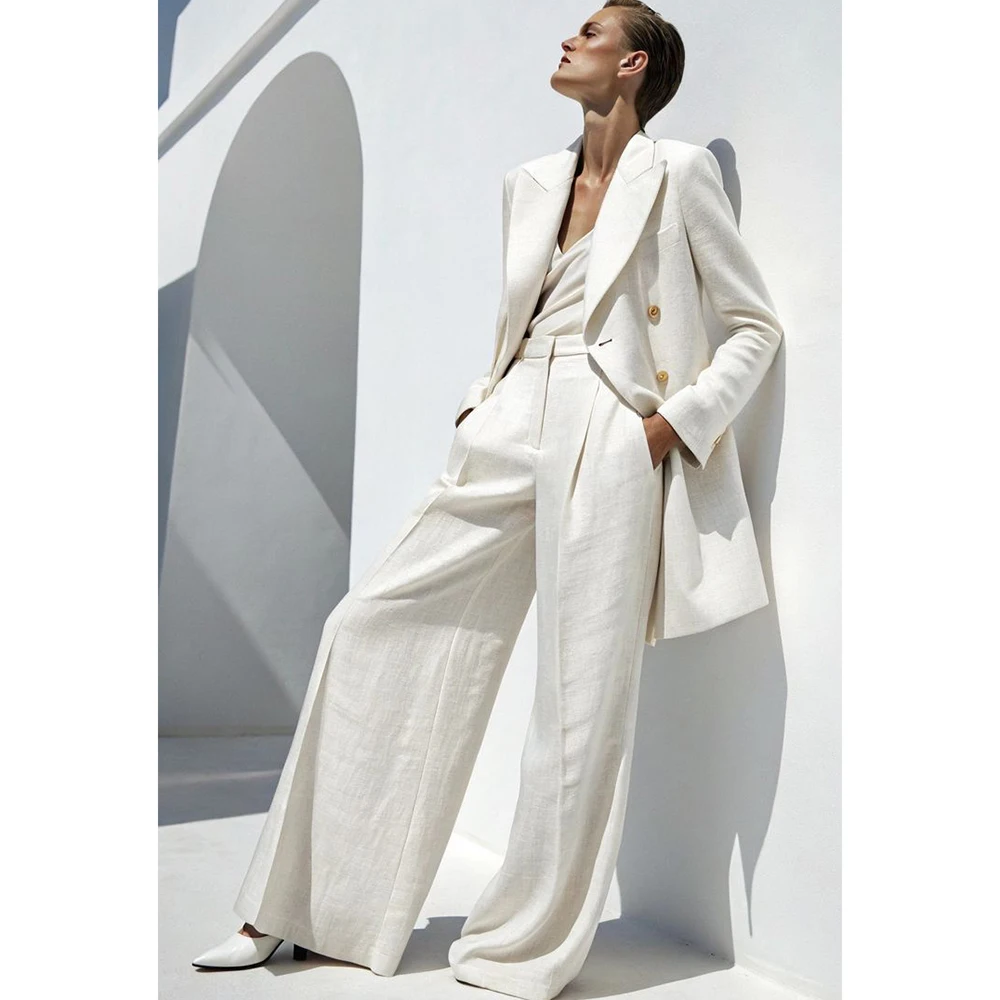 Fashion Simple Beige Women Double-Breasted Suit 2 Piece Longline Blazer Pants Set Peak Lapel Casual Office Female Outfits