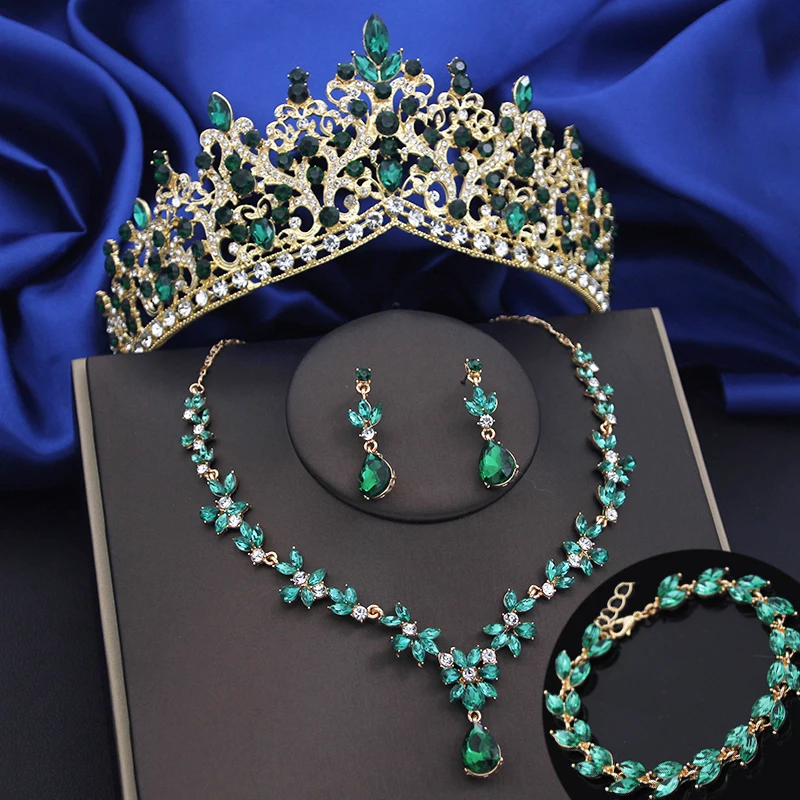 4 Pcs Lime Green Crown Jewelry Sets for Women Fashion Tiaras Bracelets Earrings and Necklace Sets Bride Wedding Prom Accessories