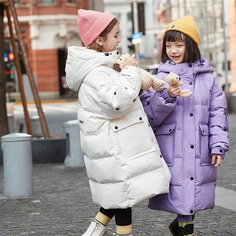 

2022 Winter - 25 degrees children's clothing Purple long duck down coat for girls Fashion hooded warm pink down jacket for girls