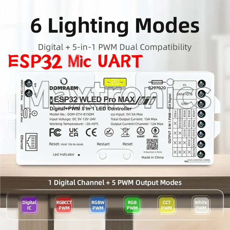 DOMRAEM 5-in-1 LED Controller WLED Pro MAX ESP32 Ethernet WiFi Sound Mic Digital Pixel PWM for Single CCT RGB RGBW RGBCCT Strip