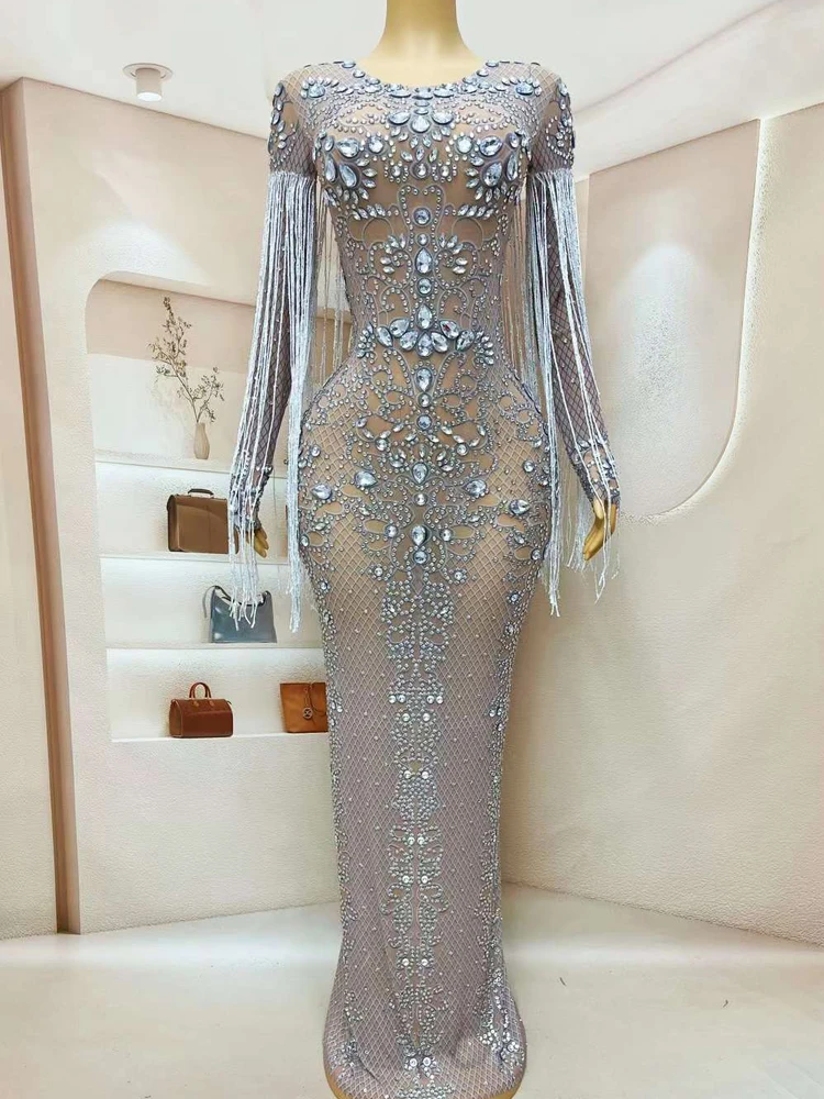 Sparkling Crystal See Through Elastic Mesh Tassels Dress for Women Evening Prom Party Celebration Outfit Photo Stage Costume