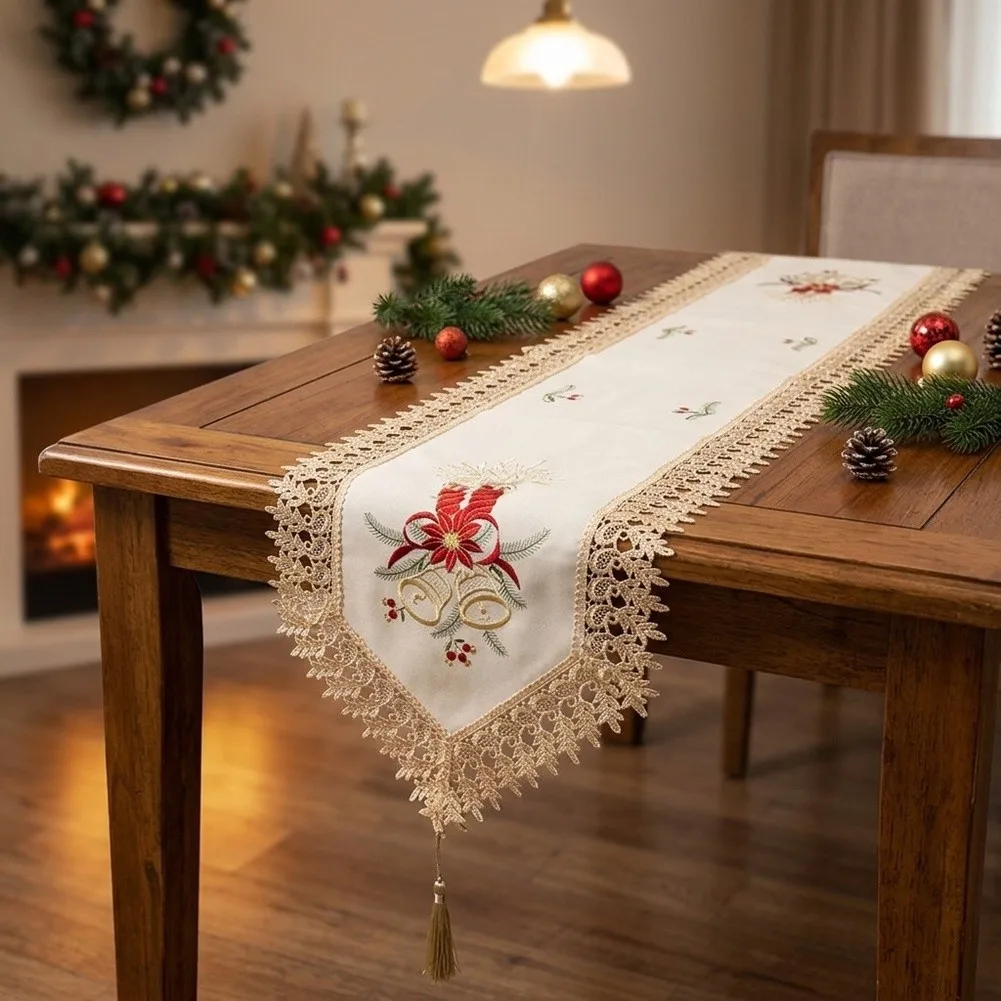 Festive White Table Scarf Polyester 40x180CM Bell Embroidery Lace Border and Hanging Tassel for Coffee Table Styling