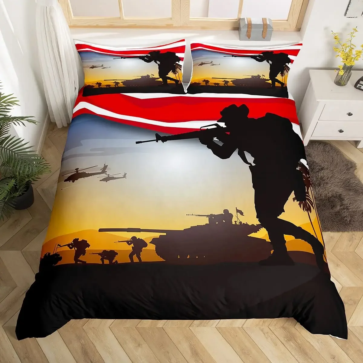 American Soldier Boys Teens Under Mission Duvet Cover Army Rifle Machine Gun Bedding Military Themed Bedroom Decor for Youth Man