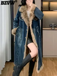 BZVW American Style Denim Long Fur Coat Women's 2024 Winter New Lapel Single Breasted Color Block Vintage Thicked Coats 25Z1145