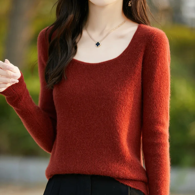 Women's sweater autumn/winter 100% pure wool pullover casual solid color knitted Tops fit U-neck Blouse basic all-match