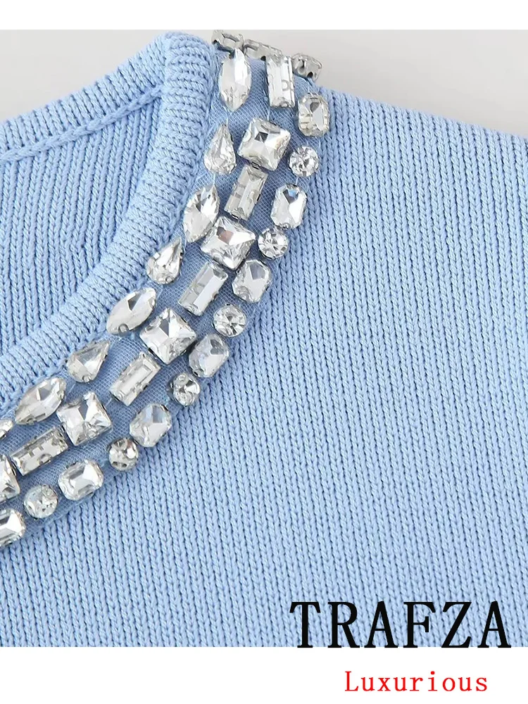 TRAFZA Vintage Casual Chic Women Blue Suit O-Neck Diamond Straight Cardigans+Sheath Mini Skirt Fashion 2024 Elegant Party Set