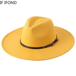 Wool Warm Wide Brim Fedora Hats Women Solid Color Top Jazz Felt Hat For Men Panama Gamble Yellow Hats