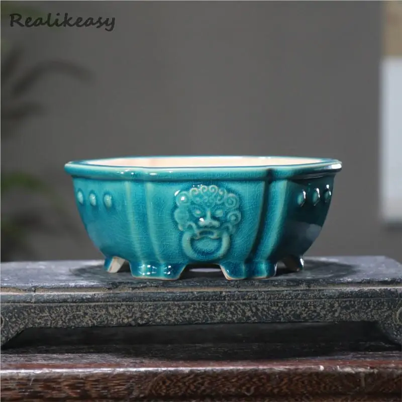 Chinese Style Yixing Purple Clay Flower Pot Ceramic Bonsai Pot Hexagonal Animal Pattern Japanese Style Cracked Flower Pot LE140