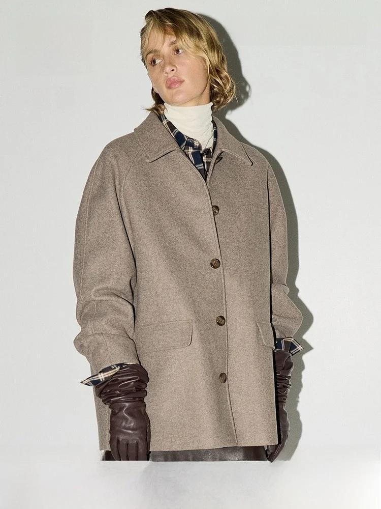 

H&M Women's Woolen Coat Winter Turn-down Collar Single Button Grey Series Short Coat Casual Style Long Sleeve Regular Length