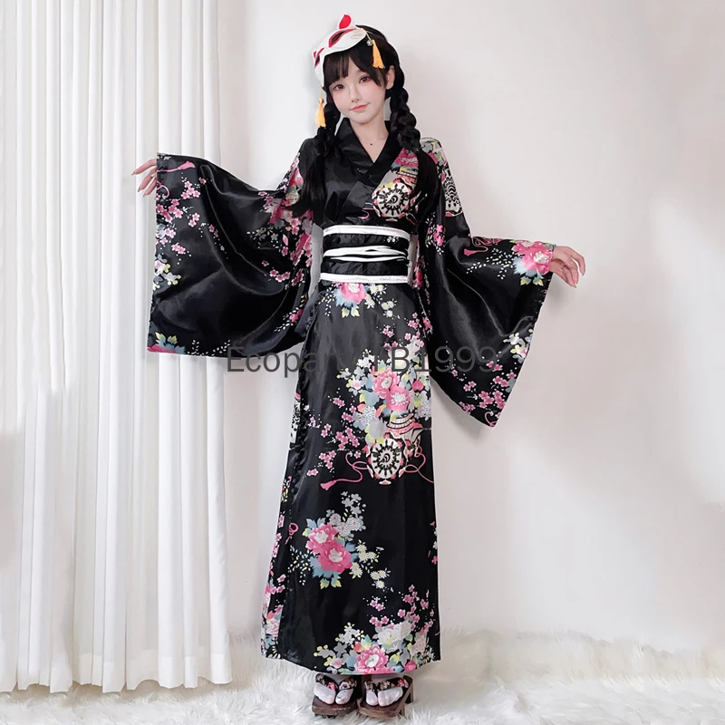 New Women's Japanese Kimono Suit Kawaii Girls Floral Printed Long Yukata Robes Lovely Lolita Dress For Women Anime Costumes