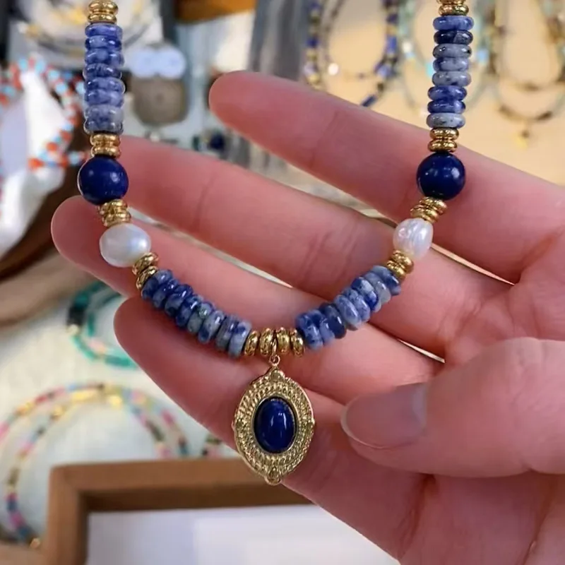 Böhmischer Stil Trendige Lapislazuli-Stein Natürliche Süßwasserperle 14K Gold Gefüllte Damen Anhänger Halskette Schmuck Frauen Geschenke – Detail 3
