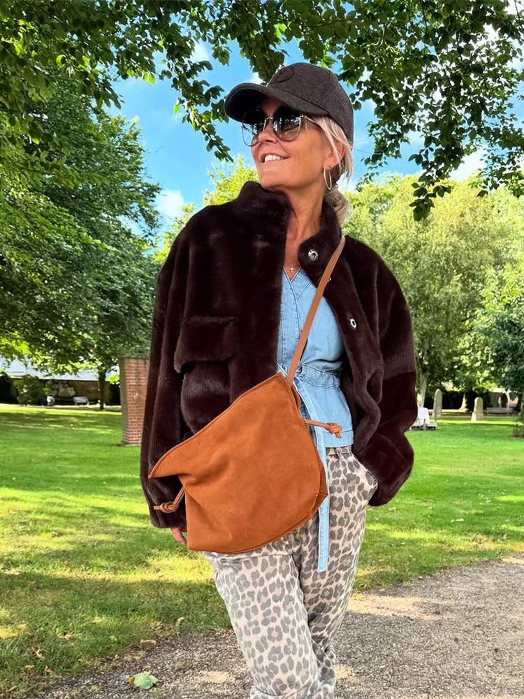 Abrigo de piel con cuello levantado y una hilera de botones para mujer, Chaqueta corta holgada de terciopelo de manga larga con cremallera, tops para mujer