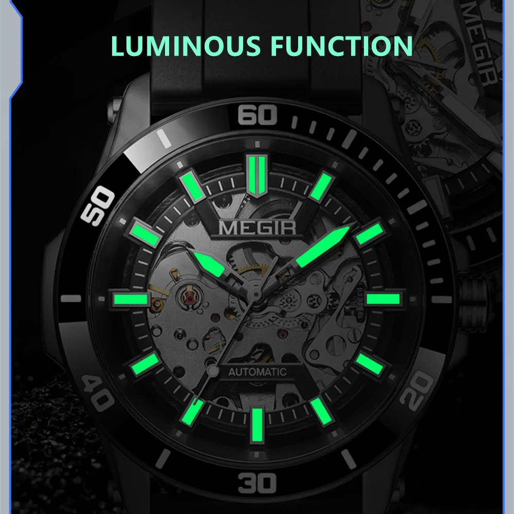 MEGIR Hollow Out Mechanical Watch for Men Fashion Stainless Steel Case Sapphire Full Automatic Wristwatches Montre Homme 8605