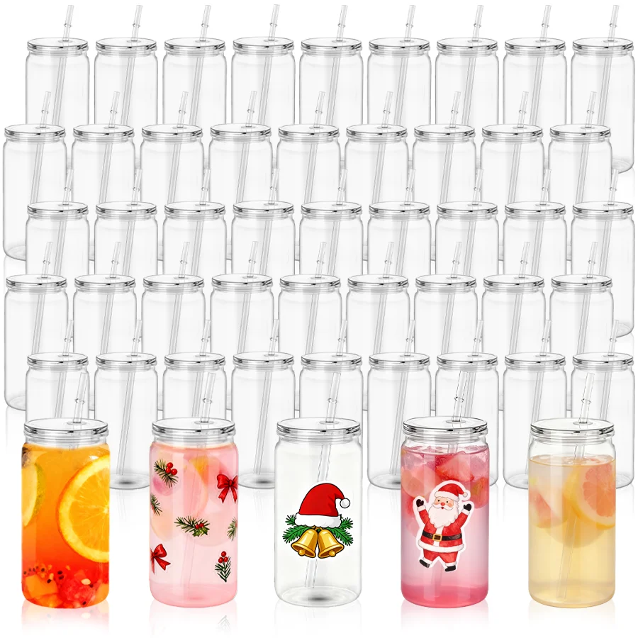 

50 шт. Бутылки для воды на 16 унций, рождественские пластиковые бутылки для сока с герметичными крышками и соломинками, прозрачные банки Mason, бутылка для питья оптом