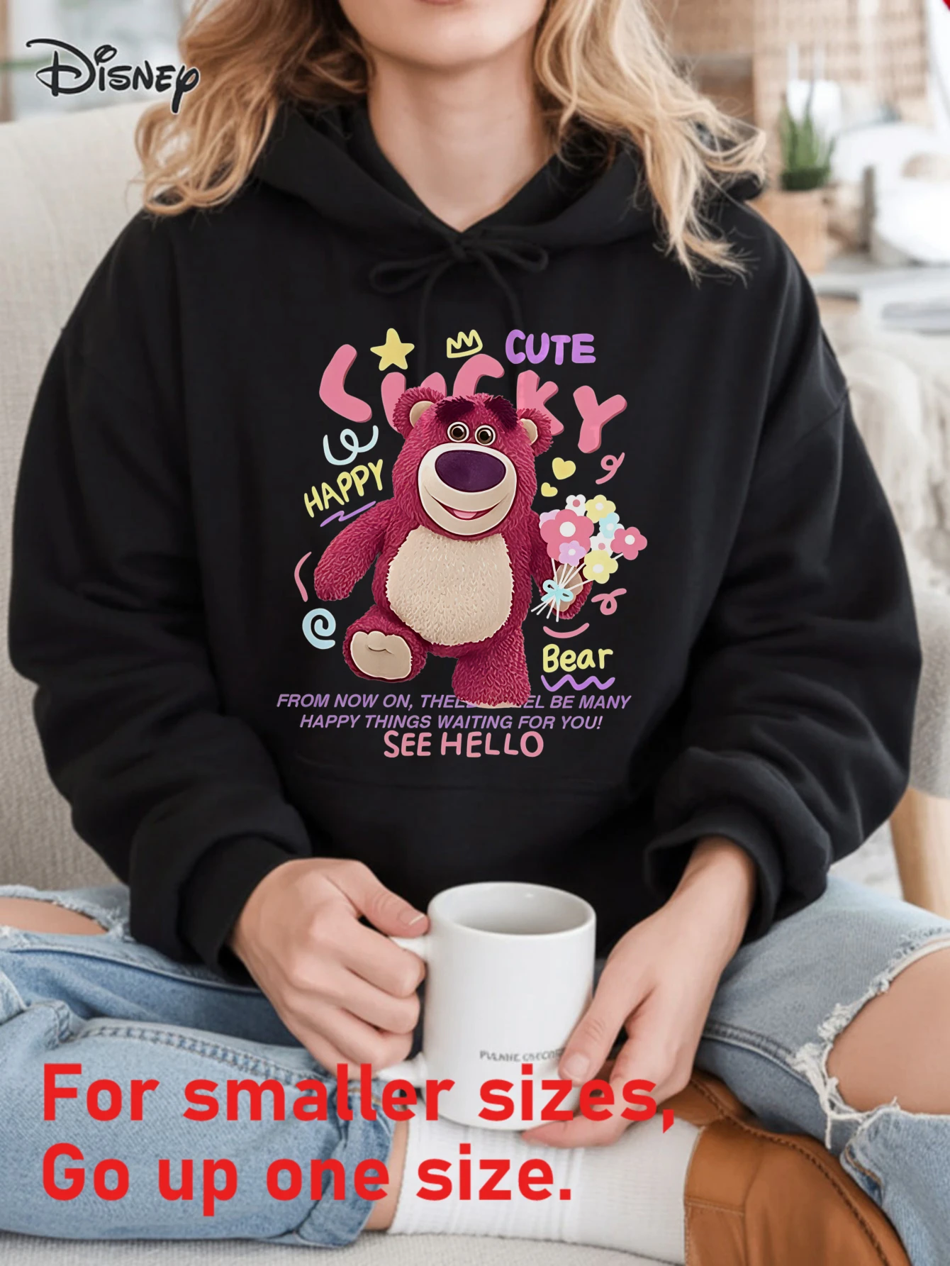 Felpa con cappuccio casual alla moda stampata Disney Toy Story Strawberry Bear adatta per l'inverno Felpa con cappuccio invernale allentata calda oversize