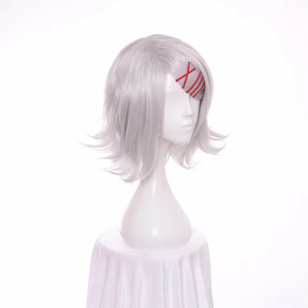 

ccutoo 35 см парик JUZO SUZUYA/REI, короткий синтетический вьющийся серебристо-серый парик для косплея, термостойкое волокно + красная заколка для волос