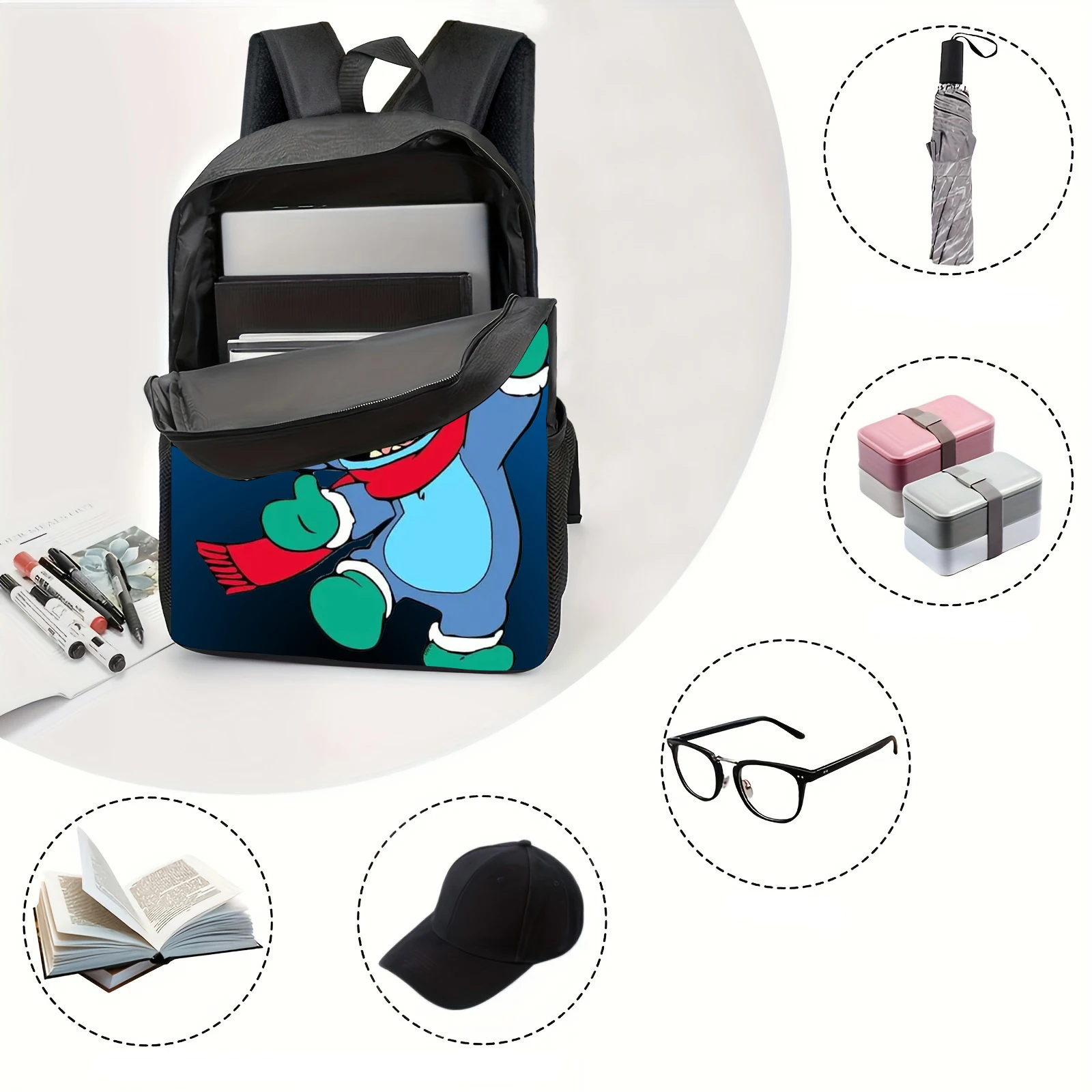 1pc cute winter outfit Stitch printed backpack, student backpack, suitable for travel, daily commuting