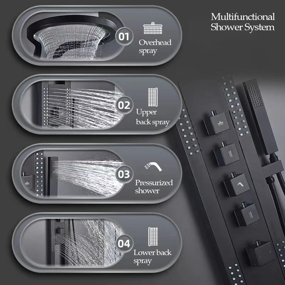 Multifunctional Stainless Steel Shower Faucet Surround Sprinkler Massage Shower Set System Black Waterfall Shower Panel