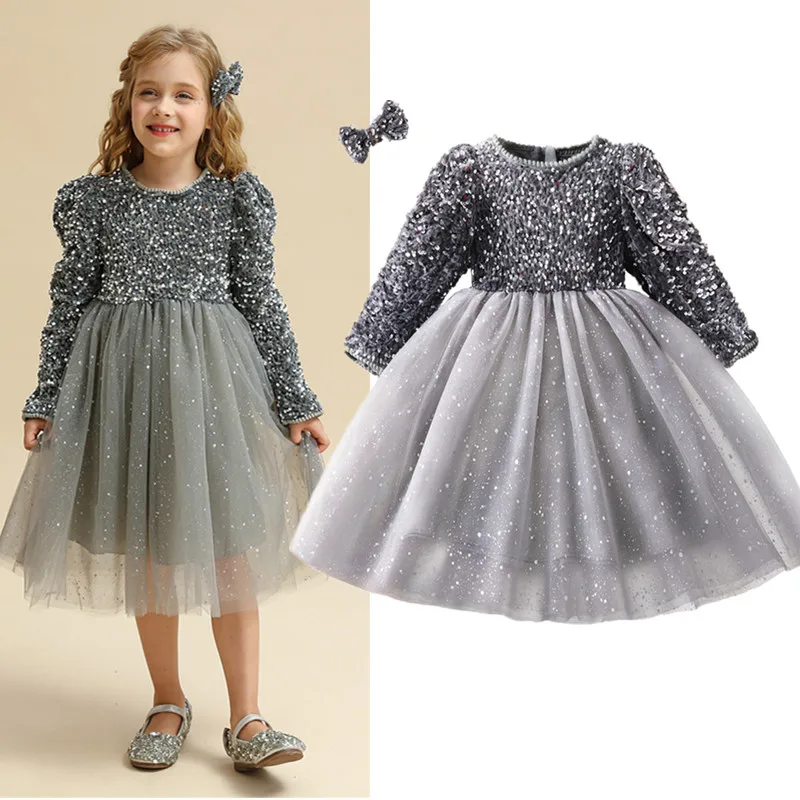 Sequin Girls Princess Party Dresses for 3-8 Yrs Kids Birthday Wedding Evening Prom Gown Spring Fall Long Sleeve Children\'s Dress