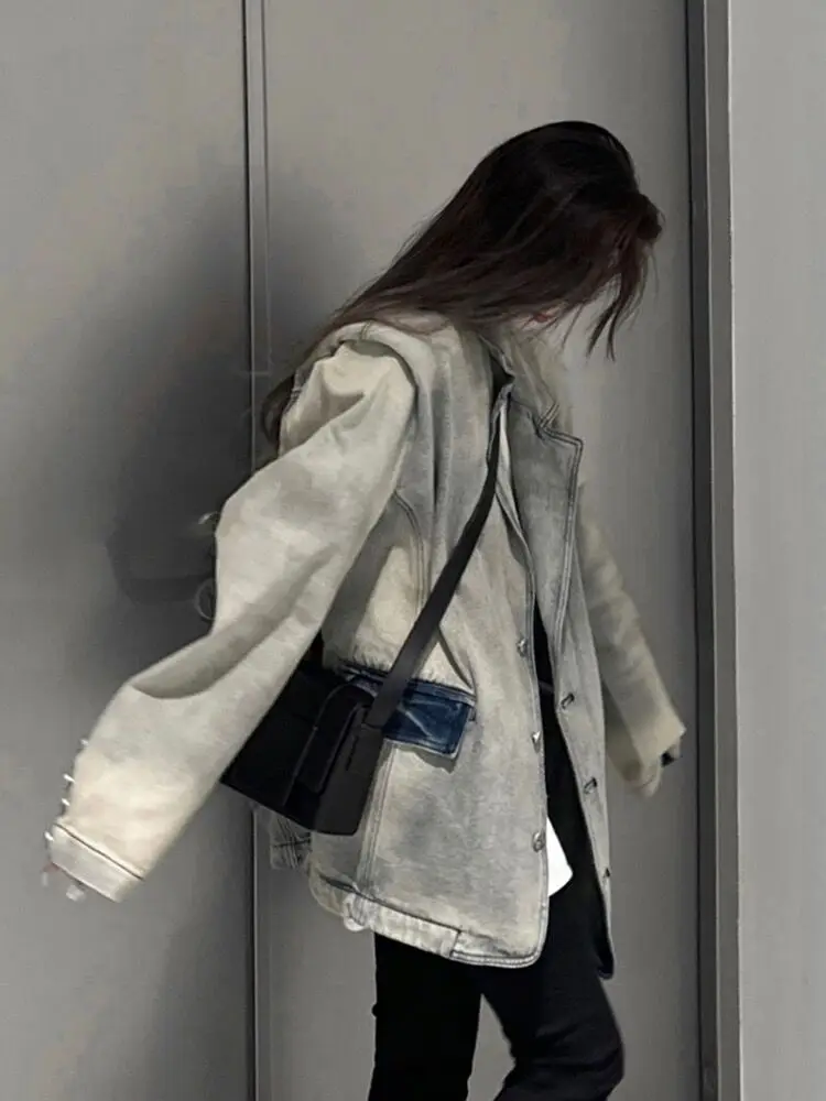 

Denim Coat Embossed Womens Spring Canvas Ribbed Cropped Outcoats Vacation Minimalist Young Sweet Jackets Distressed Highstreet