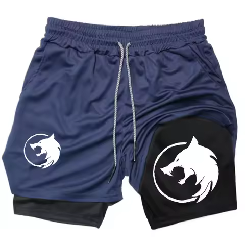 Men's Double-deck Short Gothic Wolf Print Summer Quick Drying Sports Fitness 2 in1 Joggers Beach Shorts