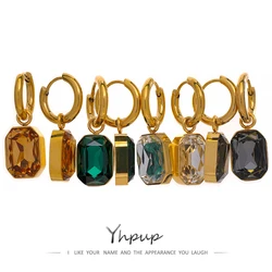 Yhpup-Brincos Dangle Cubic Zirconia, Brincos Trendy, Jóias Geométricas Quadradas Verdes, Aço Inoxidável, Banhado a Ouro 18K