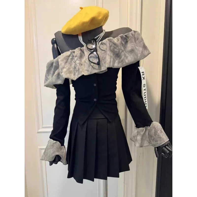 

Korean Style Off-shoulder Ruffled Shirt for Women Slim Fit Boat Collar Shirt Top