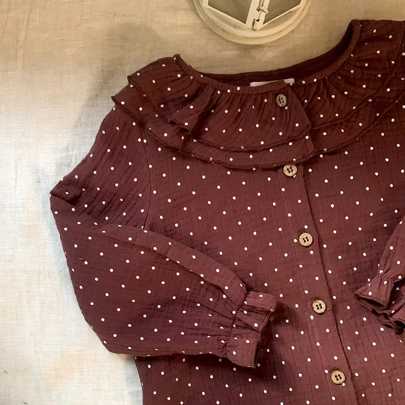 New Arrival Autumn Baby Girls Shirts Red Dotted Double Flounce Collar Shirts Cute Pullover Blouses Kids Tops Tees