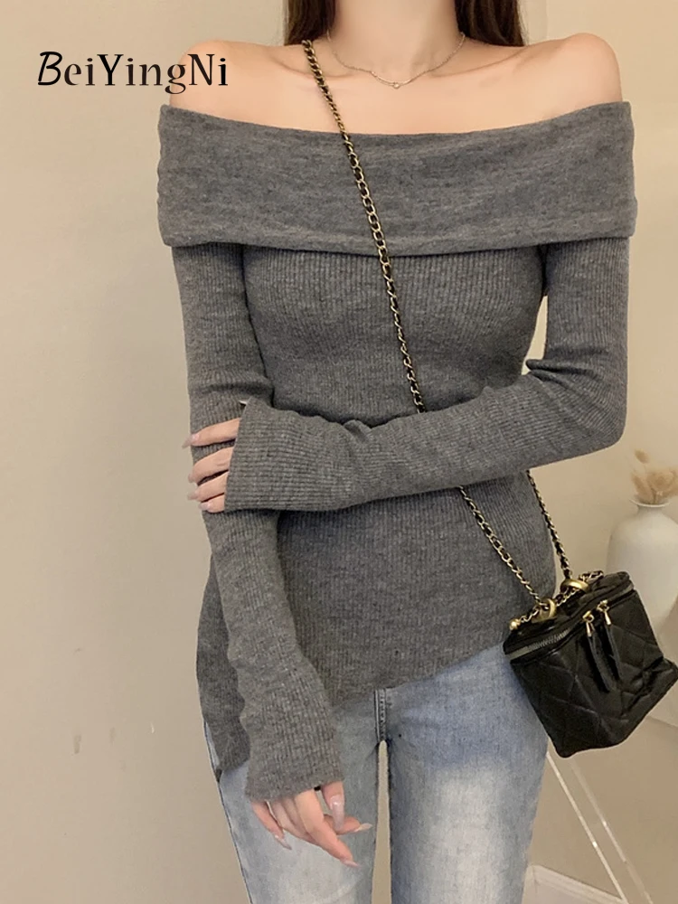 

Beiyingni Spring Fall Women Slash Neck Sweater Slim Fit Casual Sexy Elegant Off Shoulder Knit Pullover Woman Irregular Gray Top