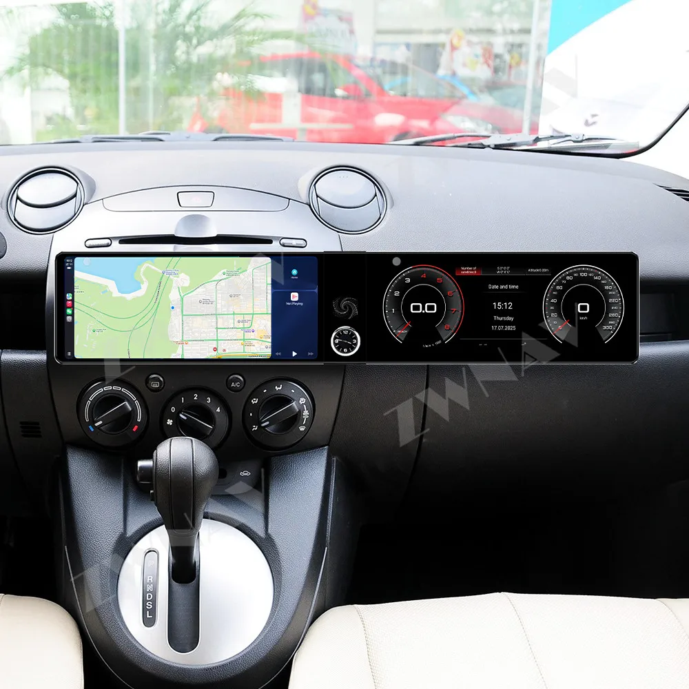 Android 13 com tela dupla HD de 12,3 polegadas para Mazda 2 2007-2014, GPS automotivo, reprodutor multimídia, acessórios internos para carros, unidade