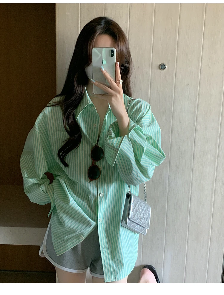 Pink Green Striped Shirt for Women Oversize Button-up Turn-down Collared Long Sleeve Blouse Ladies Tops Spring Summer Outfit