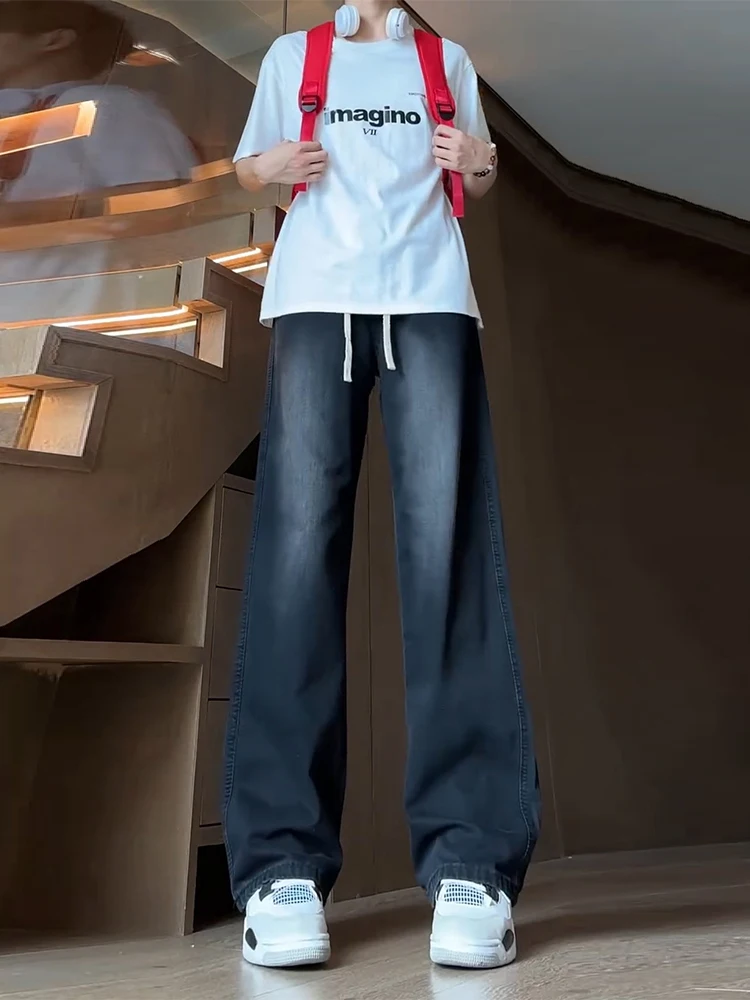 

Elastic Waist American Style Jeans Men's High Rise Straight Leg Loose Teenagers Wide Leg Pants Black Grey Spring Fashion