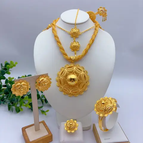 Ethiopian Dubai 24k Plated Gold 6PCS Jewelry Set For Woman African Indian Big Pendant Necklace Wedding Engagement Gifts