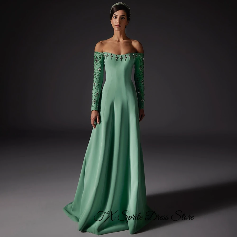Green Jersey A-Line Evening Dress Long Sleeves Off the Shoulder Party Gowns Zipper Back Customized Beading Crystal Prom Dresses