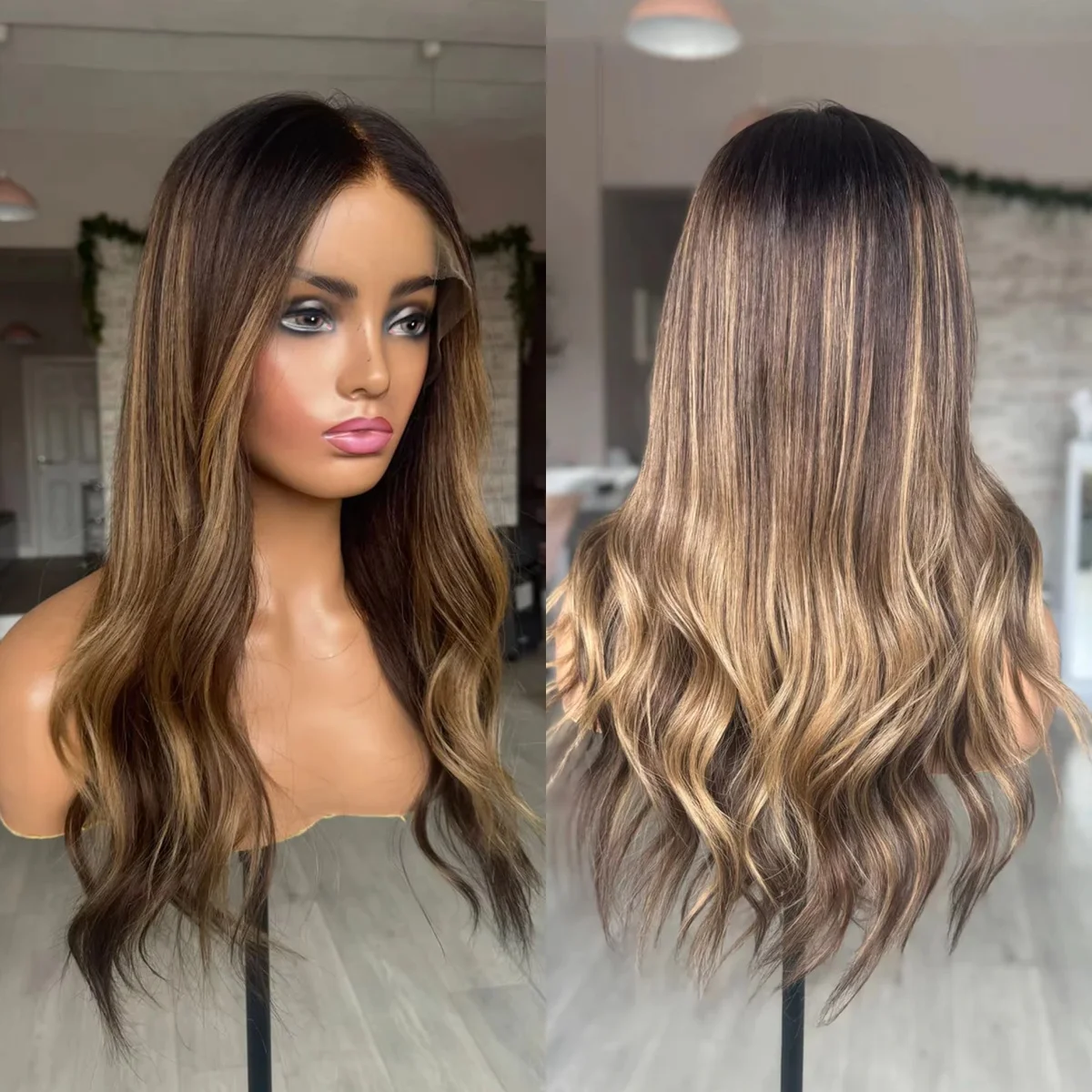 

13x4 Ombre Каштаново-коричневый мелирование HD Синтетический кружевной фронтальный парик Высокое качество Реалистичный вид Предварительно выщипанные волосы Бесклеевые парики