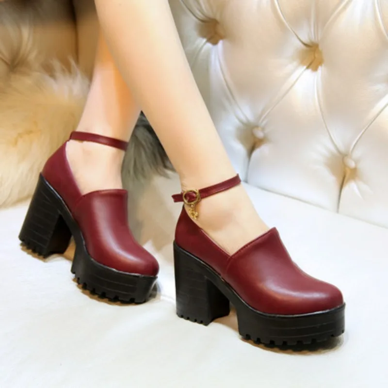 Ankle High Heels Women's Platform Round Toe Shallow Mouth Work Shoes Women's Single Shoes Girls Leather Shoes Large Size 34-46