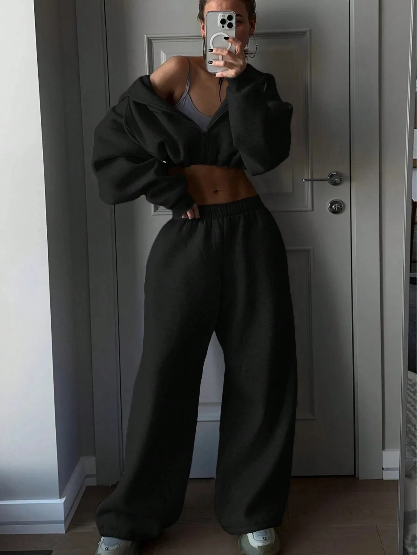 DSMTRC 2025 Autumn Ladies Casual Sport Two Piece Matching Sets Hoodies Crop Top+Sweatpants Pants Suits Black Club Outfits Woman
