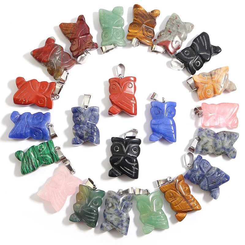 

20Pcs/Set Natural Stone Owl Carved Pendant Crystal Healing Reiki Gemstone Cute Decor Craft Home Quartz Jasper Ornament Wholesale