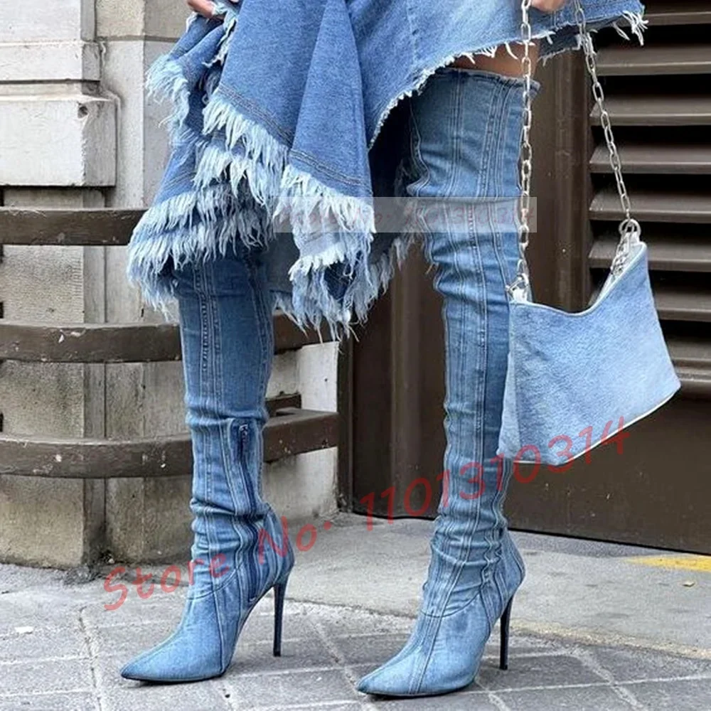 

Джинсовые сапоги выше колена, женские пикантные туфли в вертикальную полоску, туфли на высоком тонком каблуке, повседневная уличная одежда, женские современные ботинки