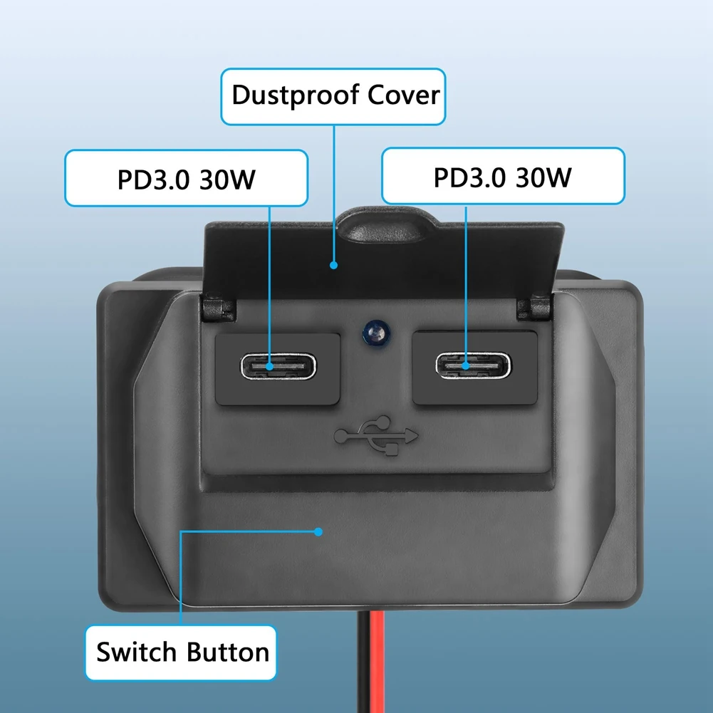 RV USB Outlet Panel Wall Mount, Dual PD3.0 Type-C Port Car Charger Socket Multi Port Power Adapter for Car Bus RV Truck