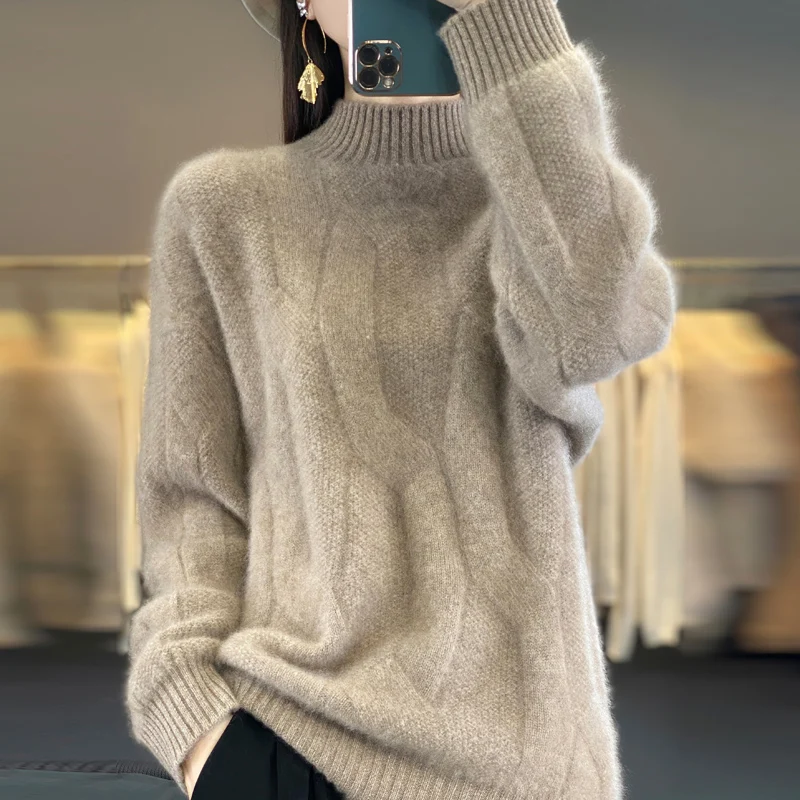 Women's pullovers fall/winter high-quality soft 100% merino wool sweater with half high neck and thick cashmere sweater top