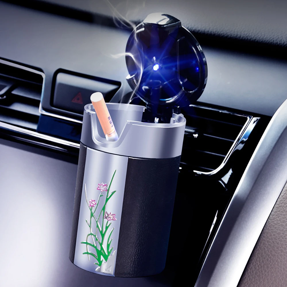 Universal Solar Car Ashtray Carbon Fiber Car Ashtray With LED Lights Orchid Car Ashtray Portable Smokeless Auto Ashtray Supplies