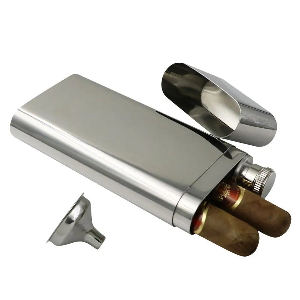 2 In 1 Cigar Case and Hip Flask with Mini Funnel Portable Cigar Storage Box Travel Pocket Cigar Humidor Holder Humidor Case