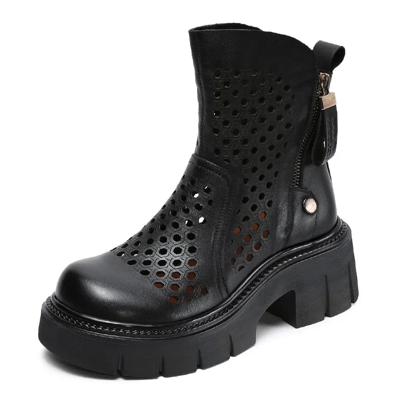 DRKANOL Fashion Women Summer Cool Boots Hollow Out Breathable Genuine Cow Leather Thick Heel Chunky Platform Zipper Ankle Boots