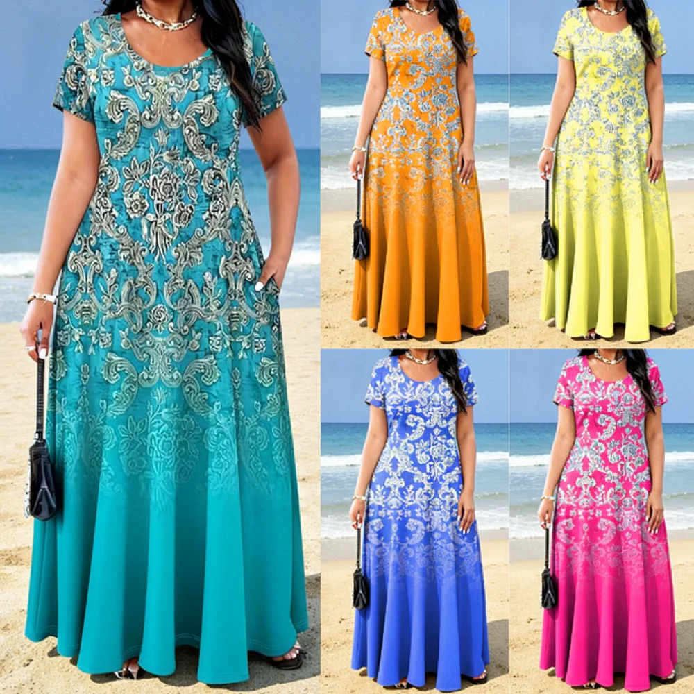Fashion Womens Summer Dress Plus Size Floral Print Loose O Neck Maxi Dresses With Pockets Casual Comfortable Street Wear