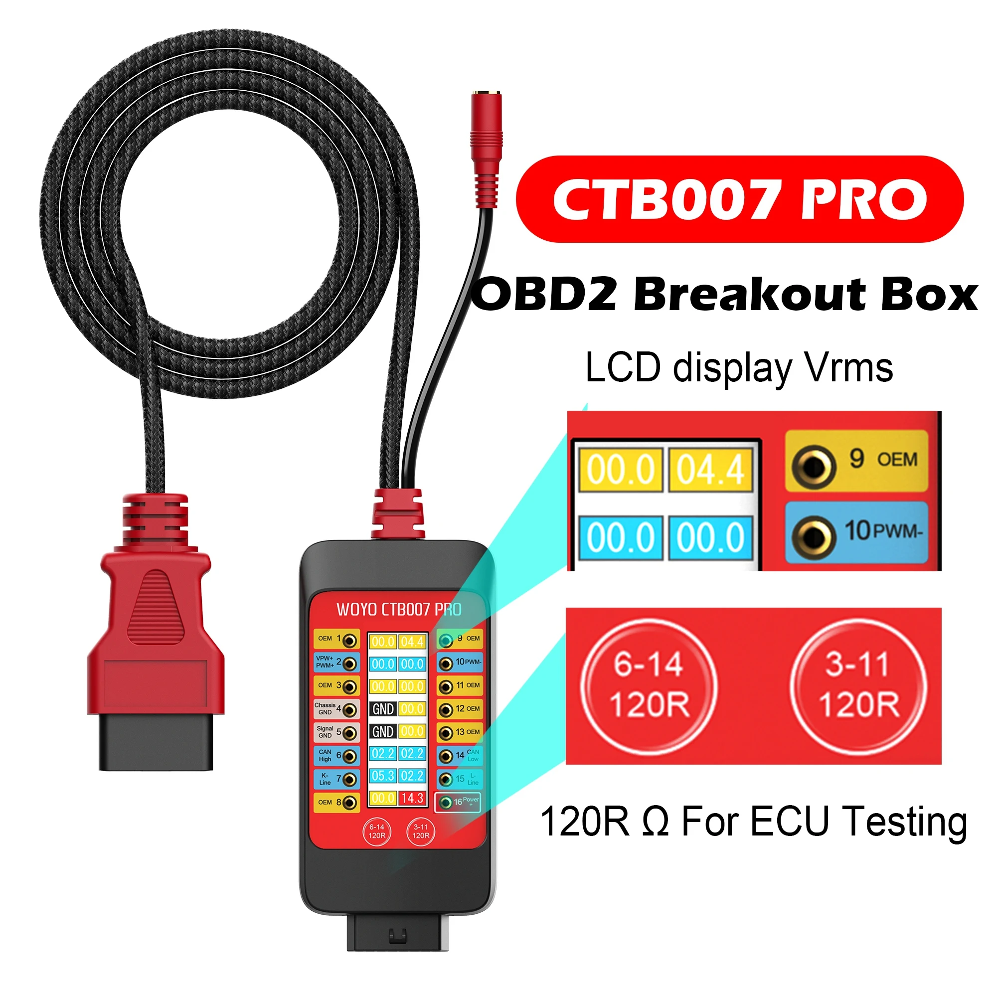WOYO CTB007 PRO OBD2 Breakout Box with LCD Digital Vrms Display, ECU Testing Tool on Bench, Automotive Diagnostic Tool, CAN Test