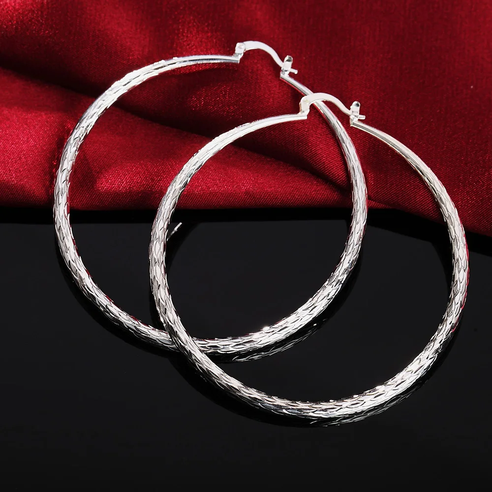 

925 Sterling Silver classic 7CM Big circle Wave pattern hoop Earrings for Women fashion party Jewelry Christmas gifts